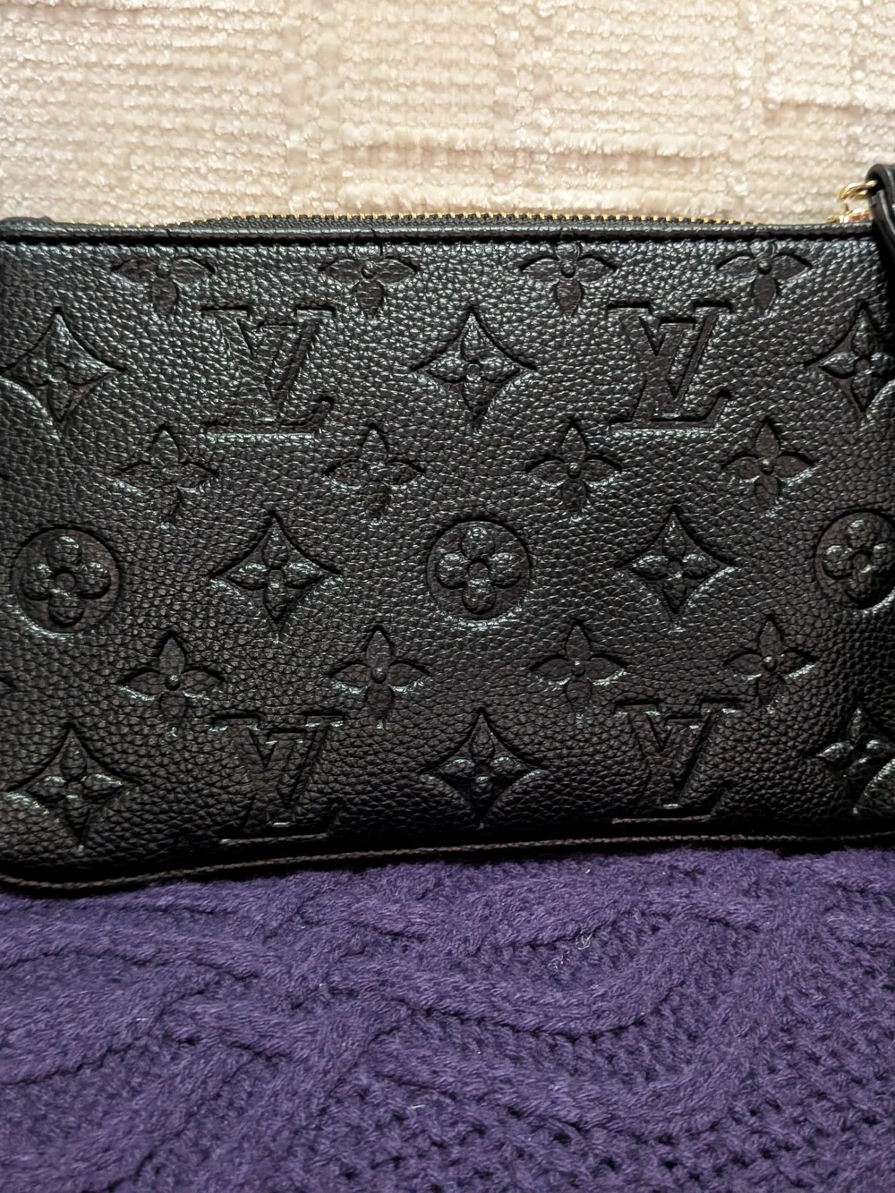 Black Embossed Monogram Zip Clutch with Gold Accent